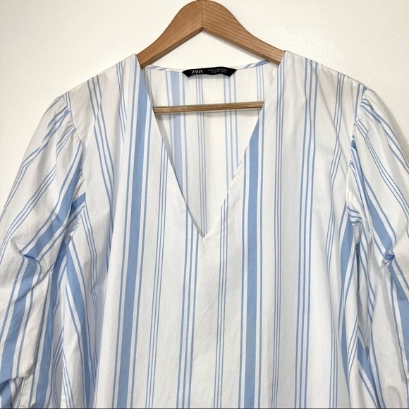 Zara V-Neck Striped Balloon Sleeve High Low Blouse Size M - Picture 2 of 15